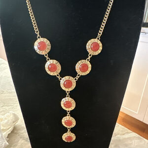 Vtg Orange Pumpkin Ambertone Cabochon Medallion Drop Statement Necklace Goldtone